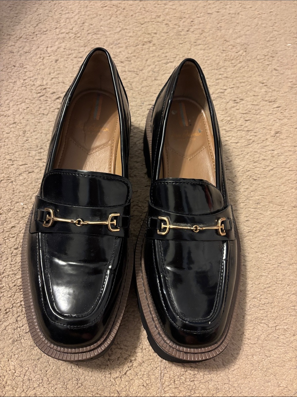 Sam Edelman Black Patent Loafers with Gold Bit